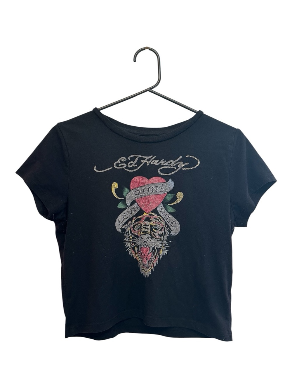 Y2K Era Ed Hardy Black Crop Tee with Colorful Tiger & Heart Graphic Size Large
